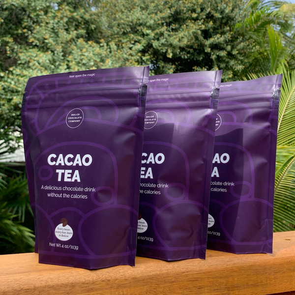 Three packets of cacao tea in purple foil pouch