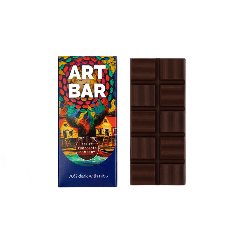 A visually appealing packaging featuring Belizean artwork, including a beach scene painting by Belizean painter Chan. This packaging promotes creativity, empathy, and support for Belizean school children. It describes the process of making a 70% dark chocolate bar with nibs from organic Belizean cacao beans and Orange Walk cane sugar, with tasting notesof raisins, caramel, and cherry.