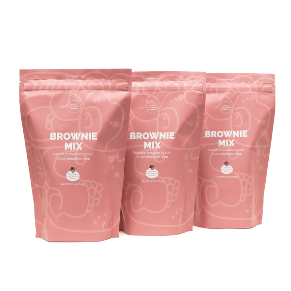 Threee Brownie mix in pink stand up pouch