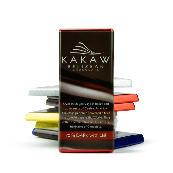 mage of a 70% Kakaw chocolate bar with chili, highlighting the single-origin ingredients. The bar is made from organic cacao beans sourced in southern Belize, roasted, ground, and crafted into chocolate liquor. Cocoa butter, Belizean cane sugar from Orange Walk, and locally grown habanero pepper dried by Maya women from Toledo district are meticulously blended to create a unique and spicy Belizean chocolate experience."