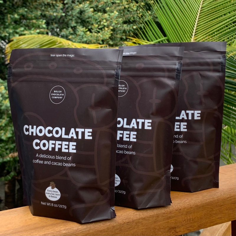 three black pouches with chocolate coffee made by Belize Chocolate company