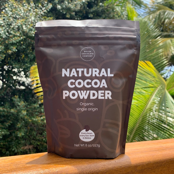 Brown pouch with natural cocoa powder made by Belize Chocolate Company