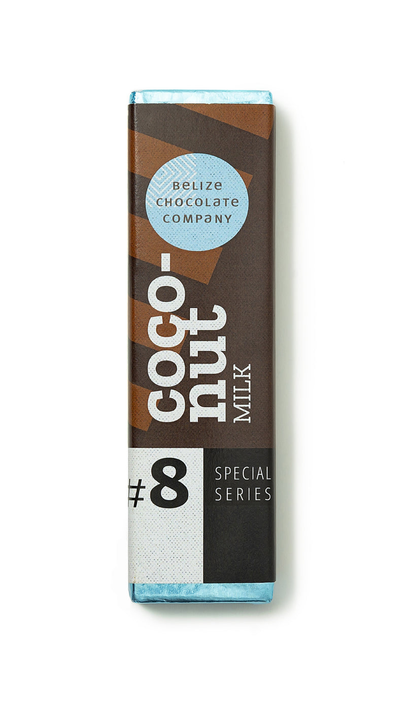 Blue foil wrapped vegan milk chocolate bar made with coconut milk