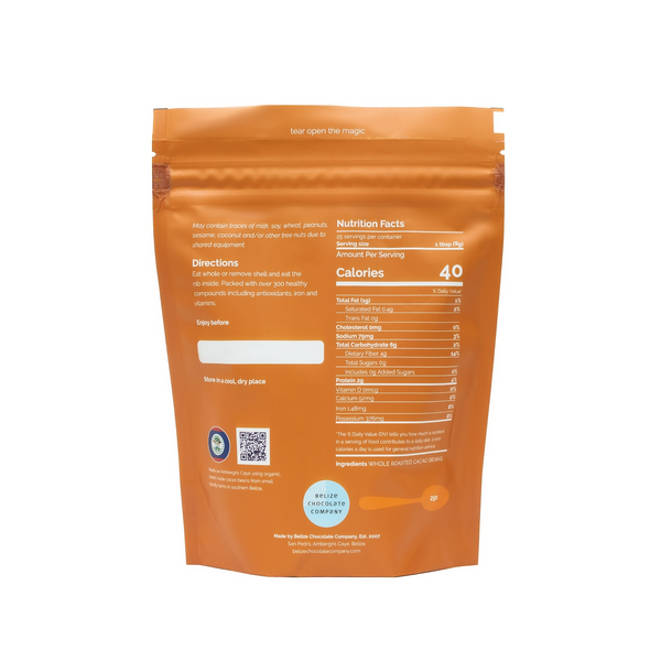 Ingredients listed in orange stand up pouch containing organic roasted cacao beans