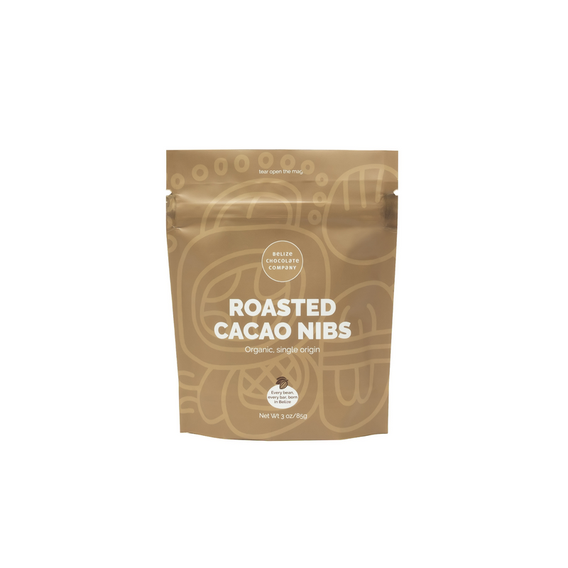 Tan stand up pouch containing roasted cacao nibs